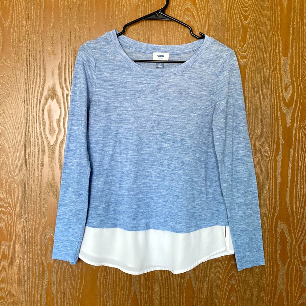 Light blue long-sleeve top with sheer white bottom